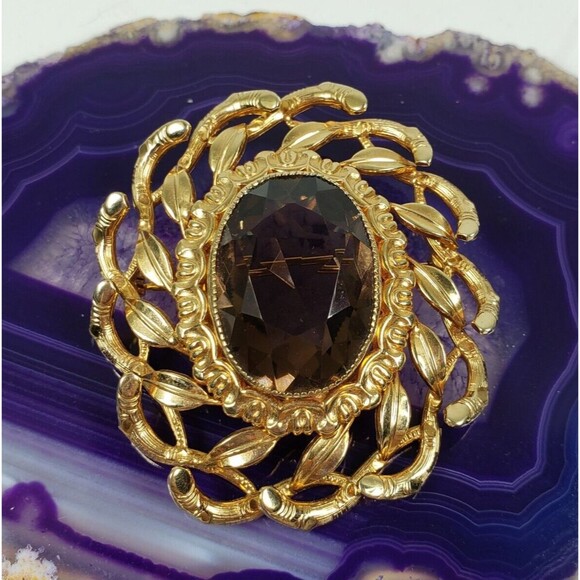 Danecraft 1960's Signed 1/20  12 K G.F. Mid Century Oval Smokey Topaz Brooch - Picture 4 of 16